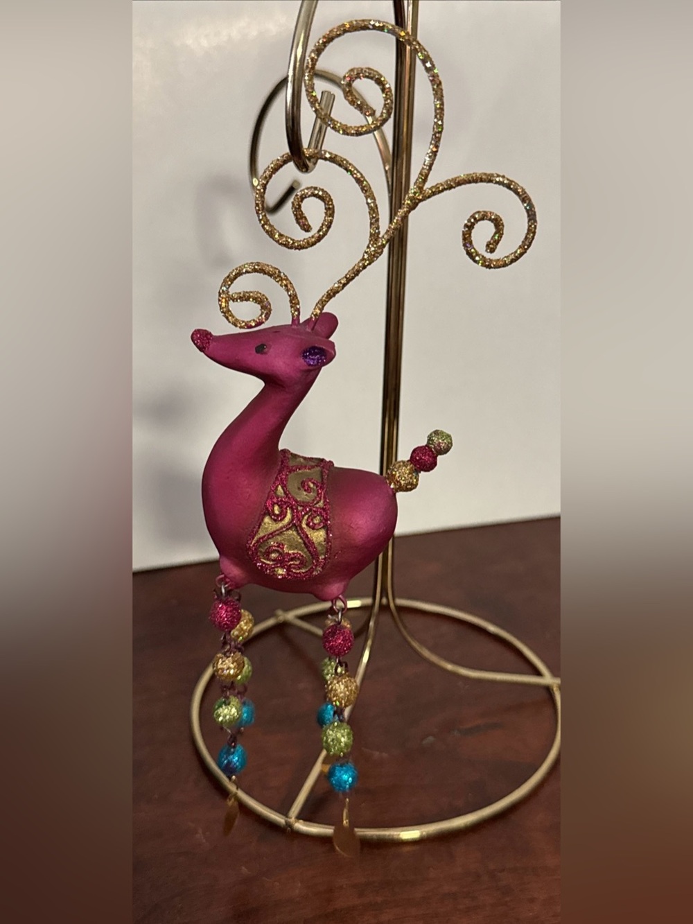 Pier 1 Fuchsia and Gold Glitter Reindeer Ornament vintage